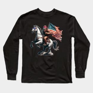 Funny Bigfoot Sasquatch USA Patriotic Horse Riding Long Sleeve T-Shirt